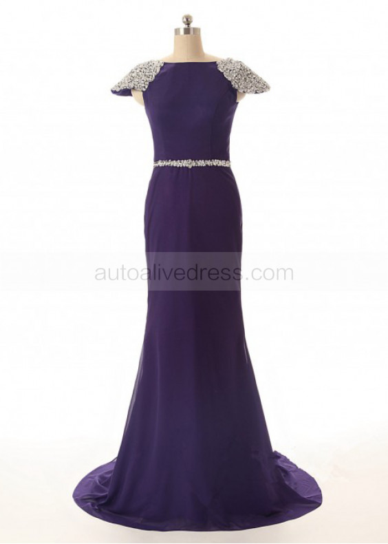 Cap Sleeves Beaded Purple Chiffon Luxurious Evening Dress